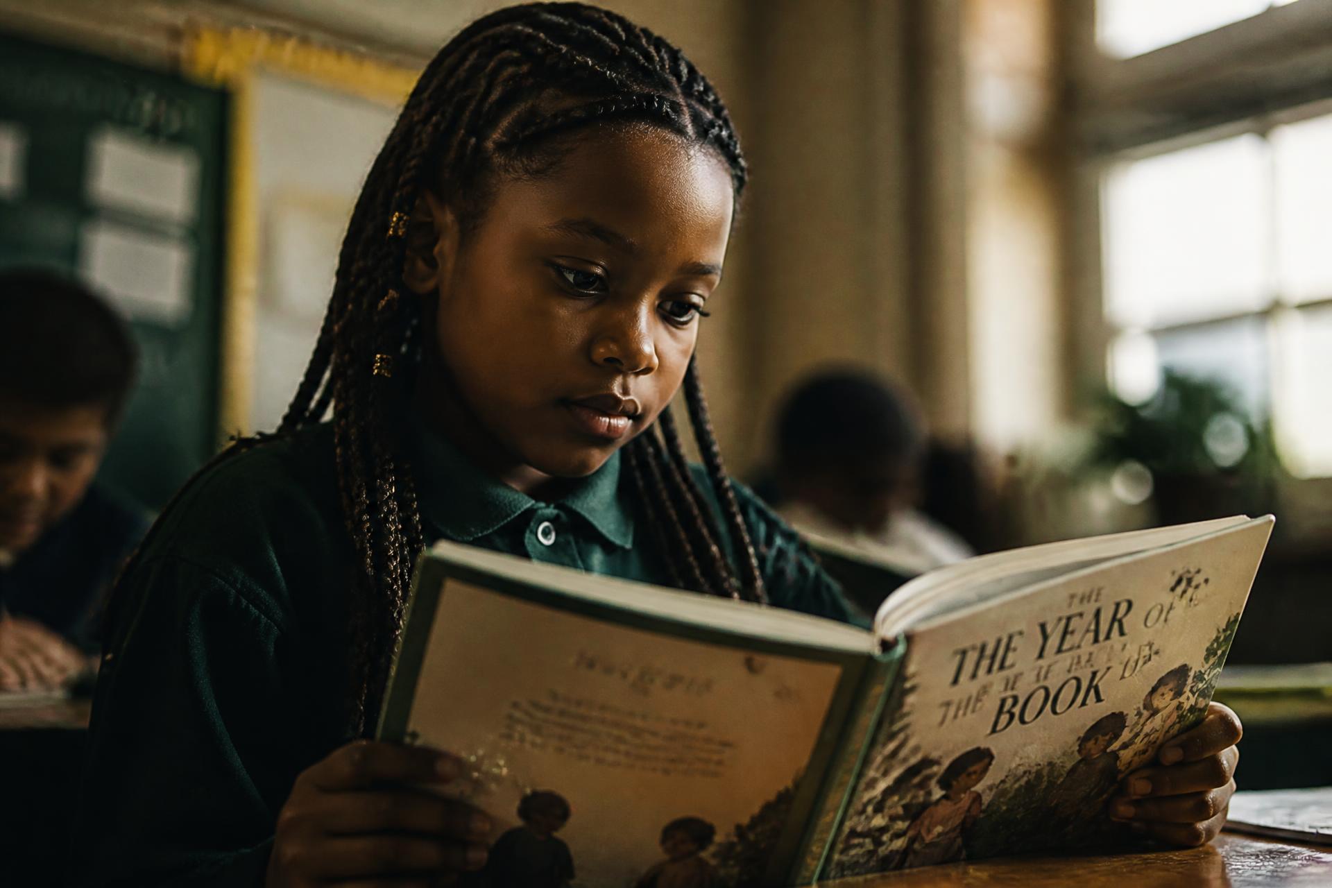 A young student absorbed in a picture book in a sunlit classroom